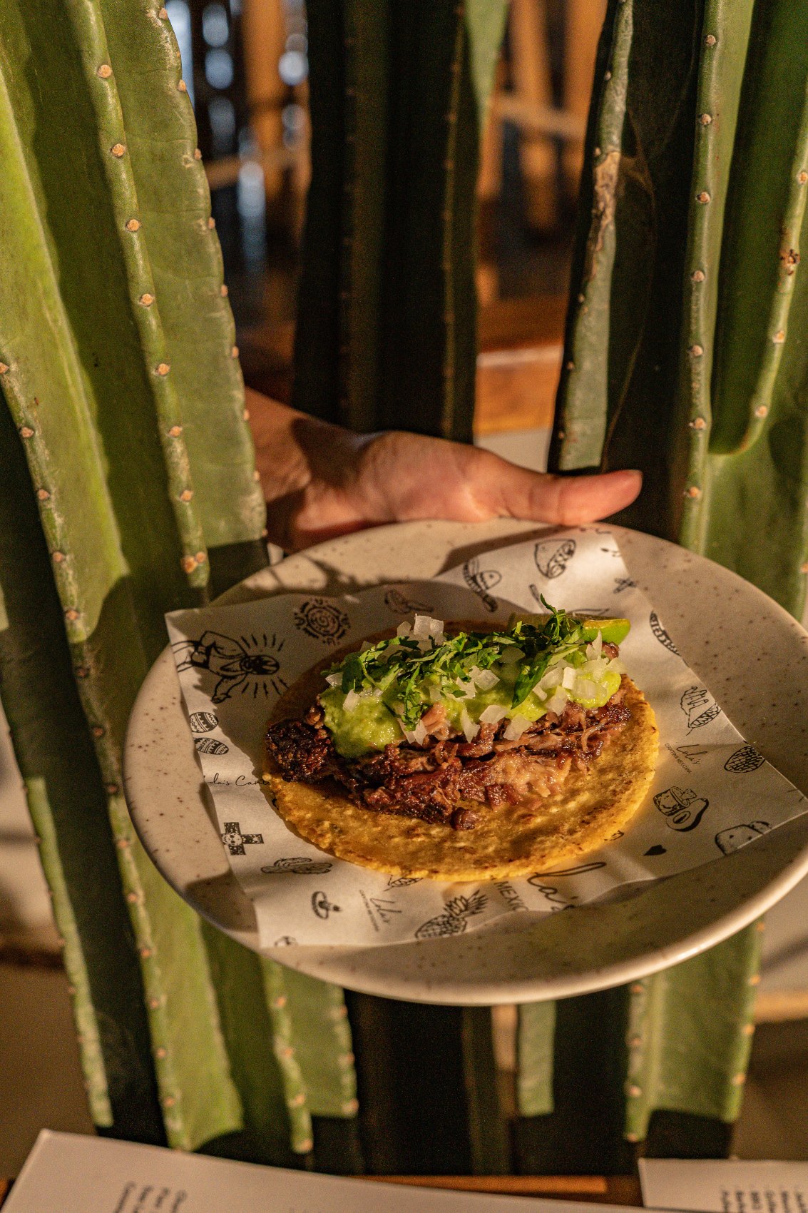 Beef suadero taco with guacamole, onion and coriander at Lola's Cantina Mexicana, Bali